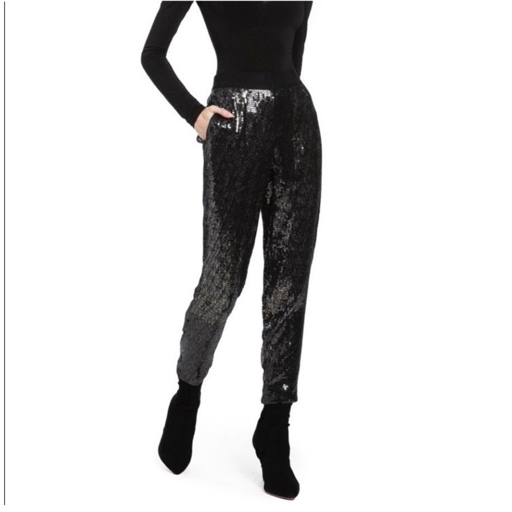 Alice + Olivia Sequence Straight Leg Pull On Pant Black Cocktail Small Vegas i17